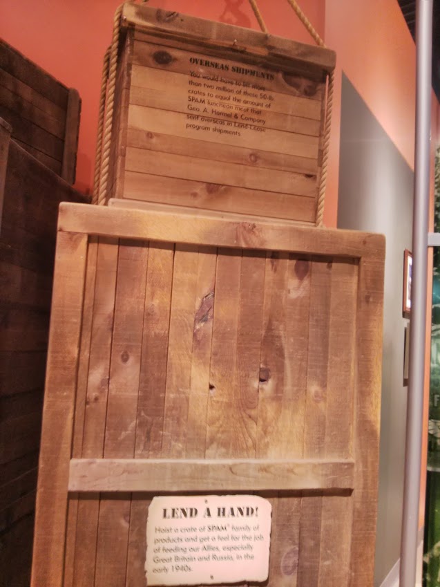 They had a pulley and rope to try hoisting a crate of Spam like the soldiers did during the war. Each one weighs 56 pounds.